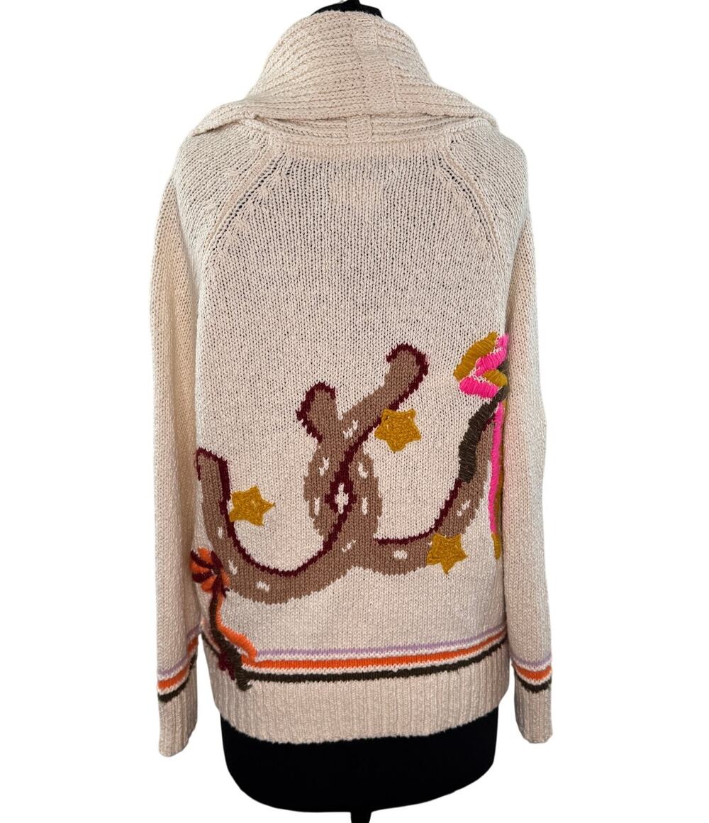 Anthropologie Maeve Ivory Cardigan Sweater Cotton Knit Duffel Horseshoe Small S